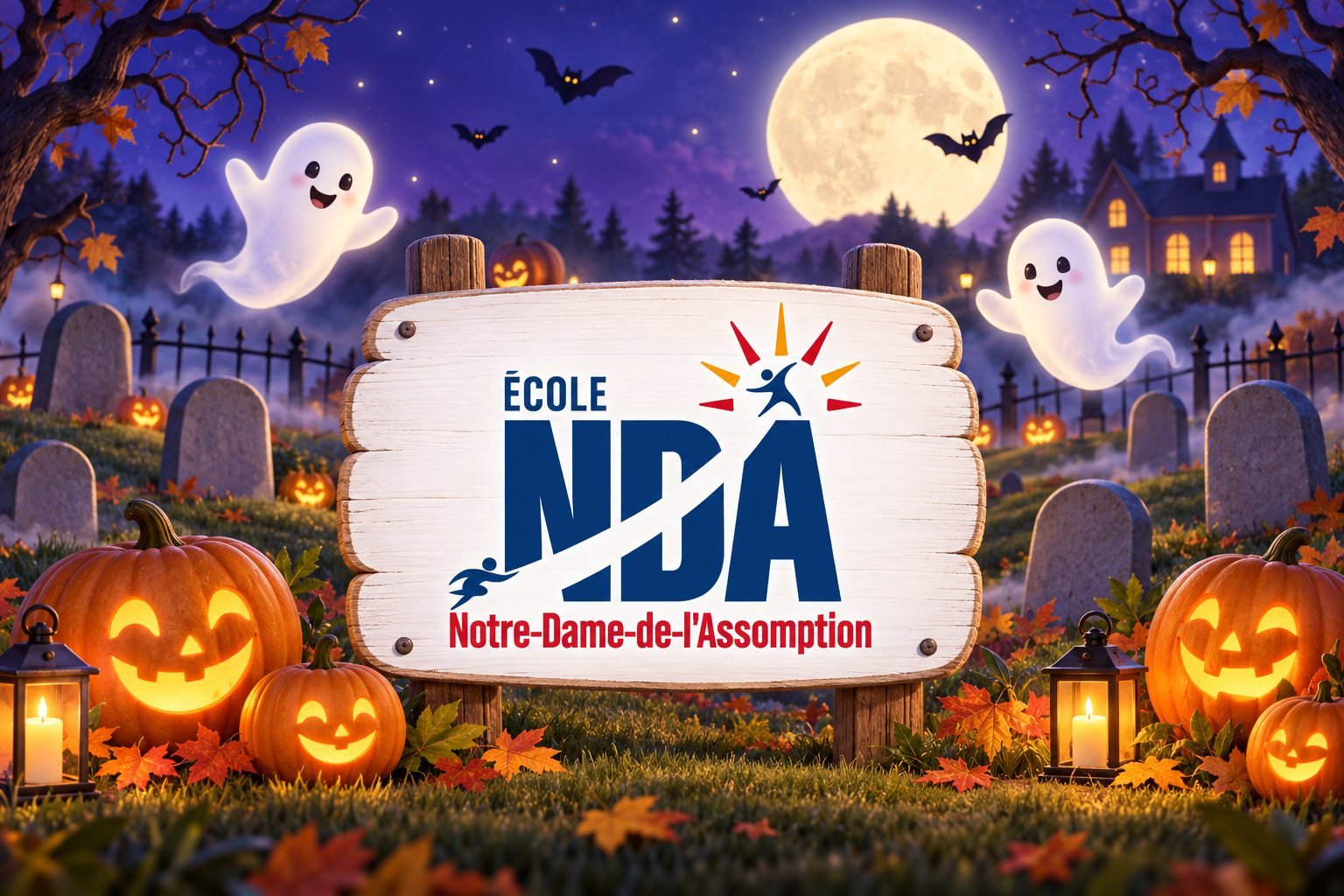 Logo de l'École Notre-Dame-de-l'Assomption dans un décor d'Halloween, citrouilles et petits fantômes